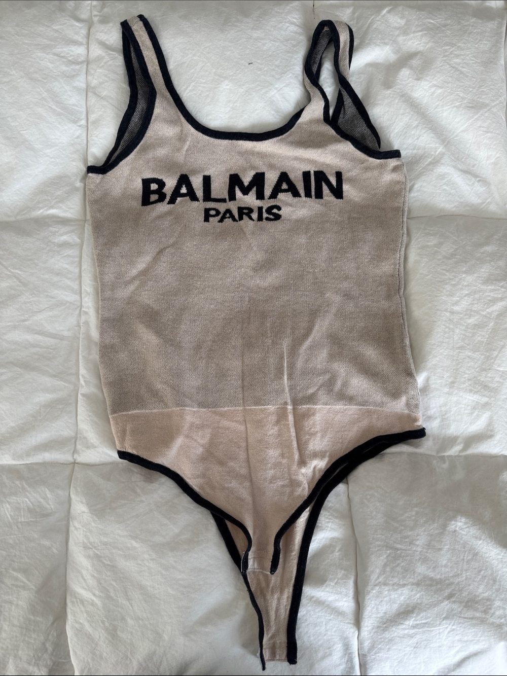 Balmain Kids Beige One-Piece Bodysuit with Black Trim